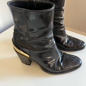 Celine Black Leather Ankle Boots with Gold Accent